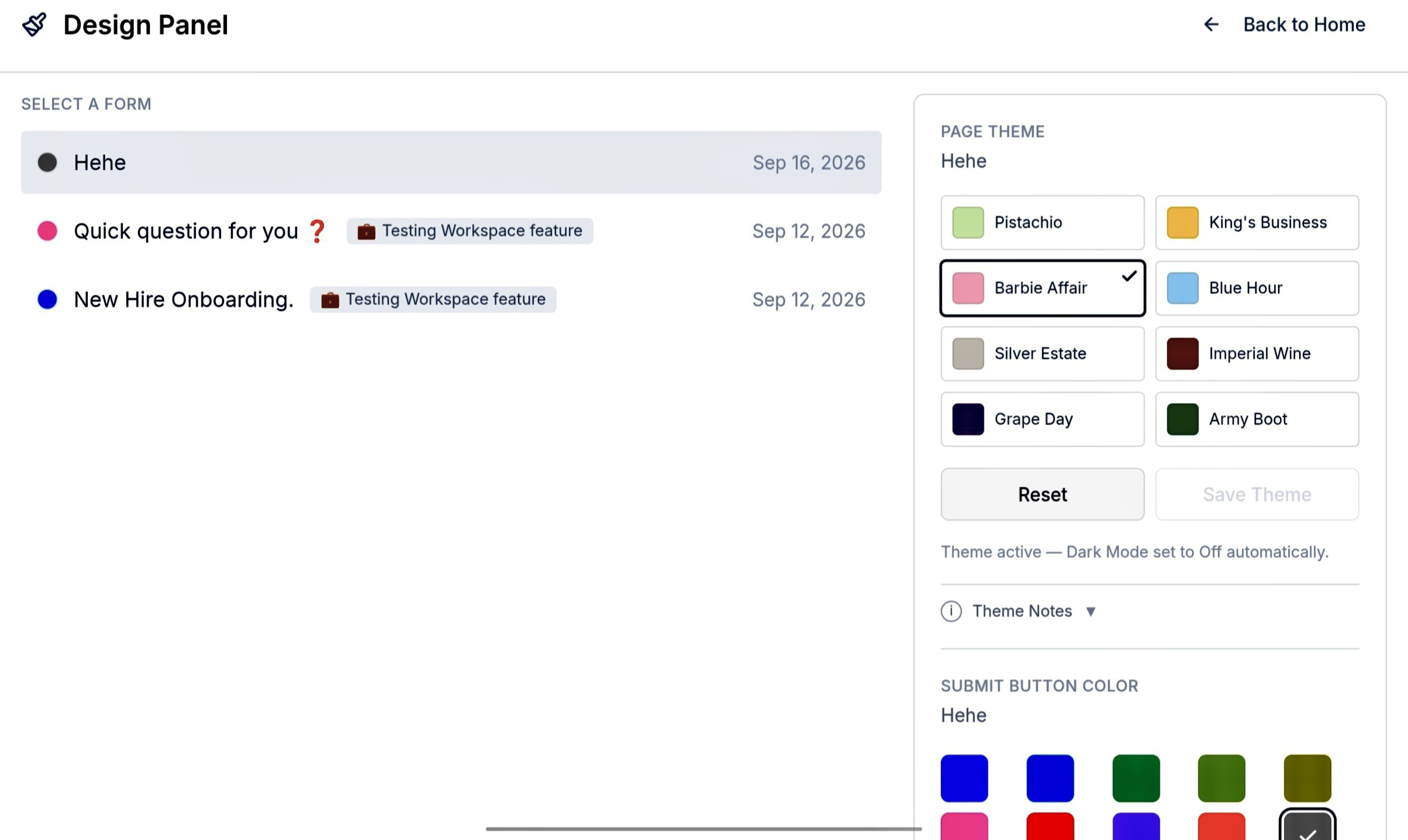 Screenshot of the new formMill Design Panel showing 8 Page Theme presets and 10 Submit Button color options, with a live Submit button preview.